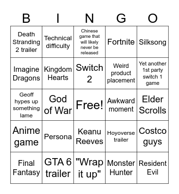 The Game Awards 2024 Bingo Card