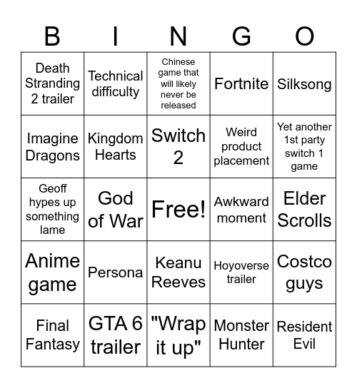 The Game Awards 2024 Bingo Card