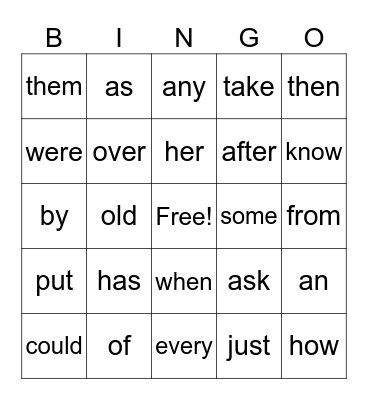 Sight Words Bingo Card