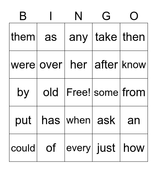 Sight Words Bingo Card
