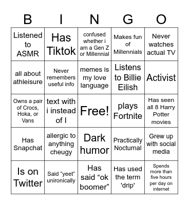 Gen Z bingo Card