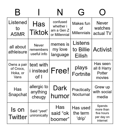 Gen Z bingo Card