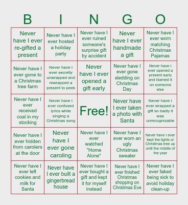 Never Have I Ever: Christmas Edition Bingo Card