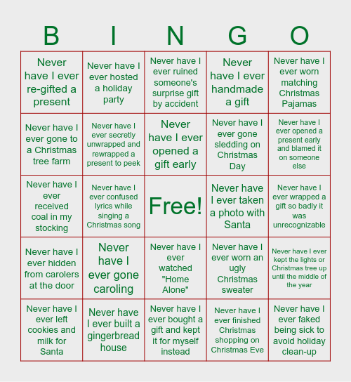 Never Have I Ever: Christmas Edition Bingo Card