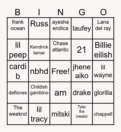 Music artist bingo Card