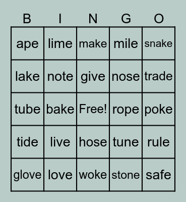 Vowel Consonant -e Bingo Card