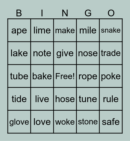 Vowel Consonant -e Bingo Card
