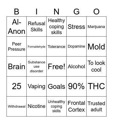 Substance Use Bingo Card