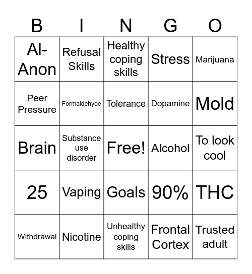 Substance Use Bingo Card