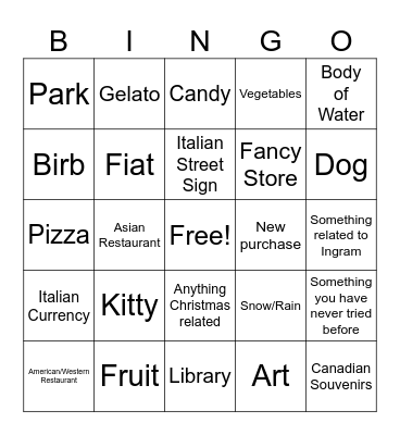 Italy Trip Bingo Card