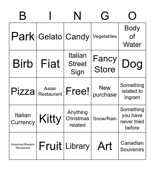 Italy Trip Bingo Card