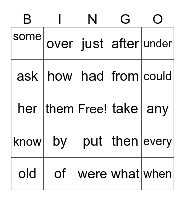 Sight Words Bingo Card