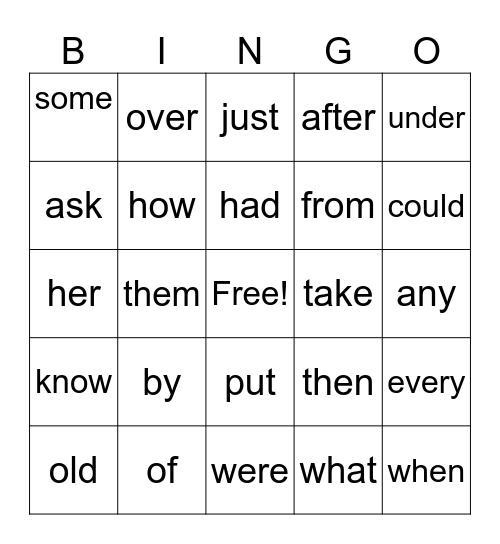 Sight Words Bingo Card