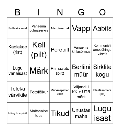 Ajalooliste esemete BINGO Card