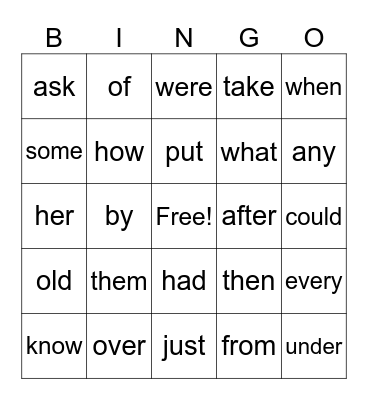 Sight Words Bingo Card