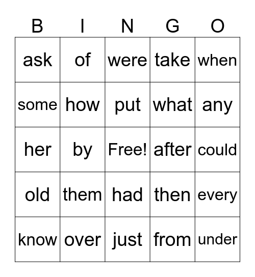 Sight Words Bingo Card