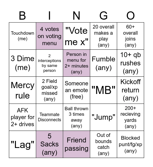 ROBLOX NFL UNVERSE FOOTBALL BINGO Card
