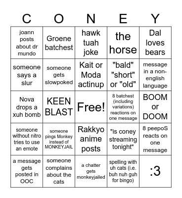Coneycord Lounge Bingo Card