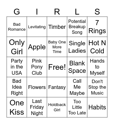 Girl Pop Bingo Card