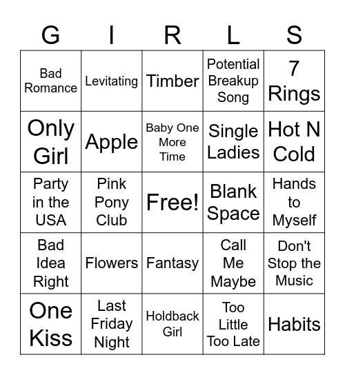 Girl Pop Bingo Card