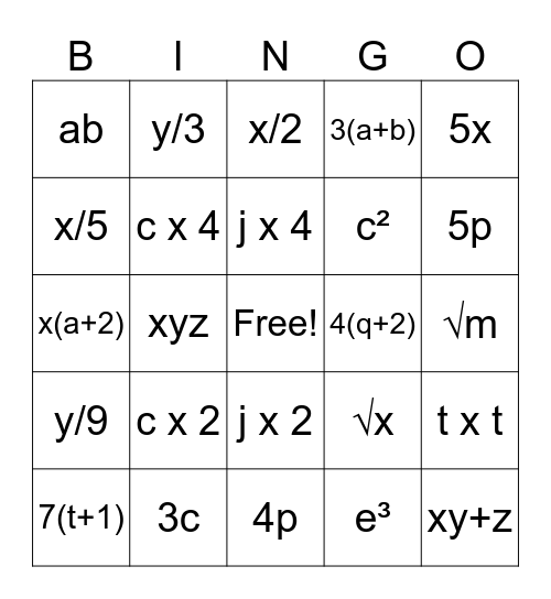 Algebraic Conventions Bingo Card