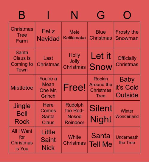 Christmas Song BINGO Card