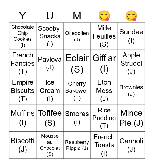Kurius [Round 1] Desserts Bingo Card