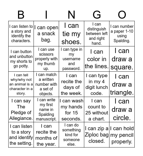 September Kindergarten Homework! Bingo Card