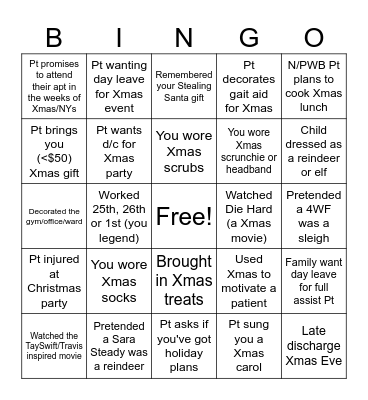 Christmas Physio Bingo Card