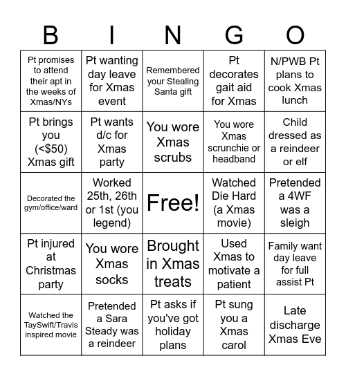 Christmas Physio Bingo Card