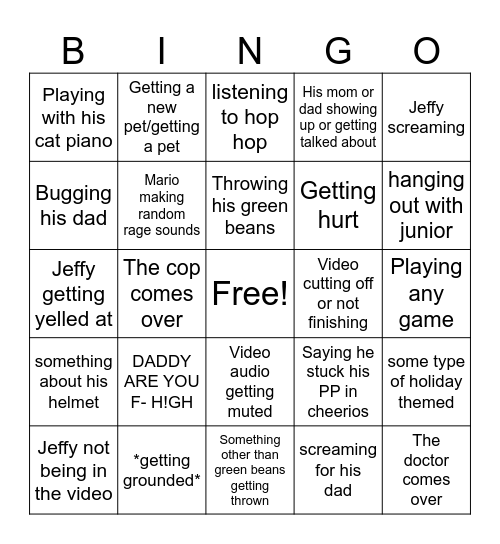 Jeffy bingo Card