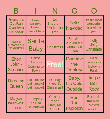 Holiday Musical Bingo Card