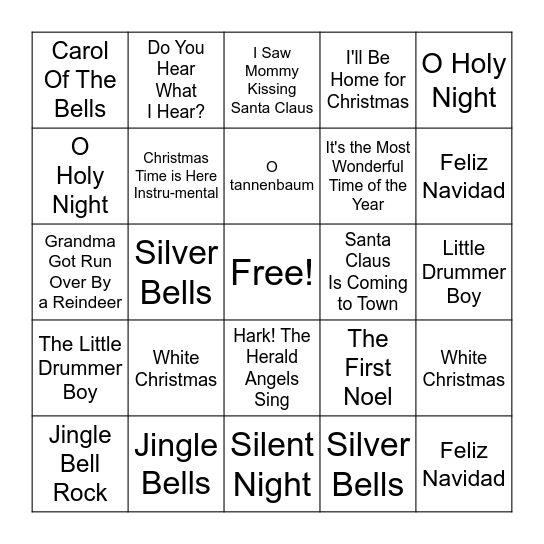 Holiday Song Bingo Card