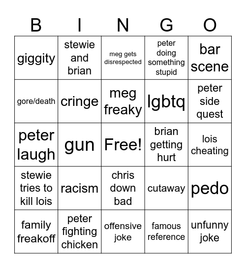 family guy Bingo Card