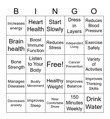 Physical Activity for Older Adults Bingo Card