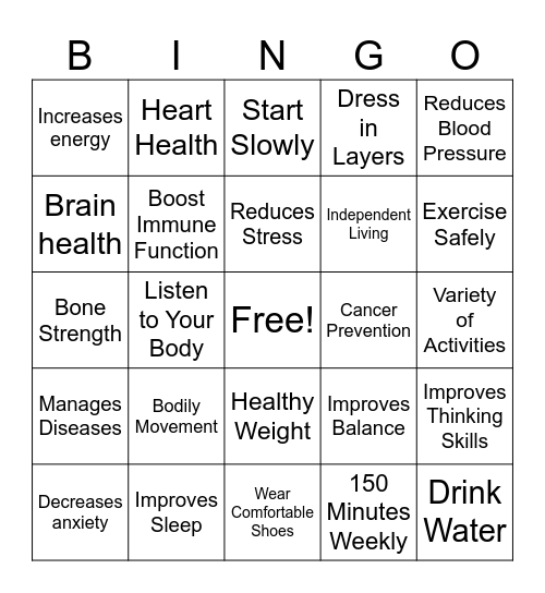 Physical Activity for Older Adults Bingo Card