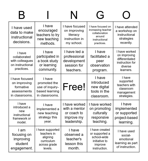 Instructional Reflection Bingo Card