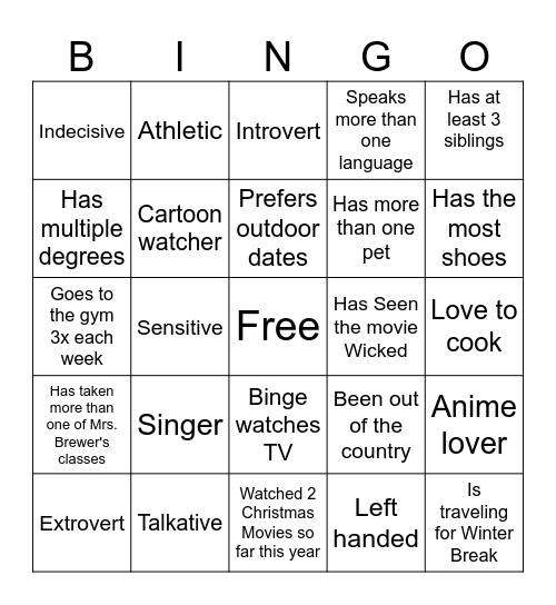 Relationship Bingo Card