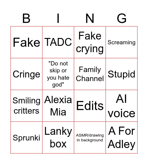 Youtube Bingo Card