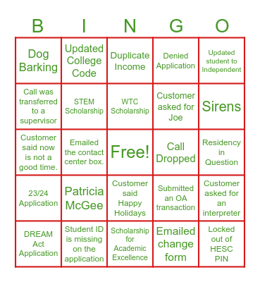 HESC Communication Center Bingo Card