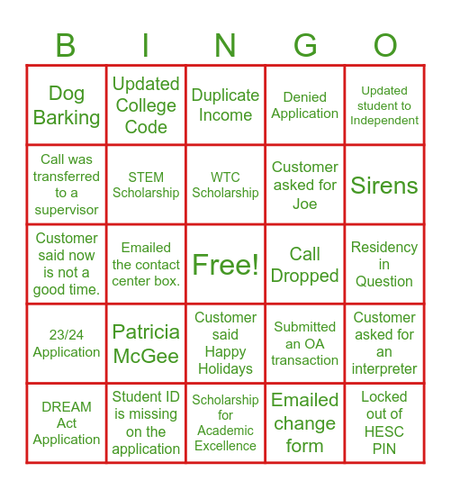 HESC Communication Center Bingo Card