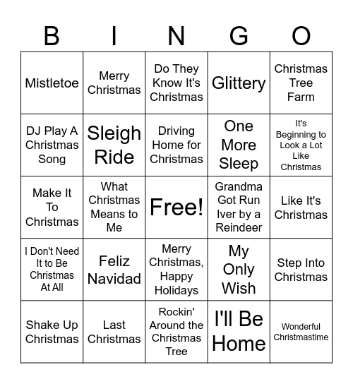 Holiday Song Bingo Card