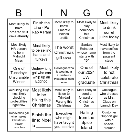 Holiday Bingo Card