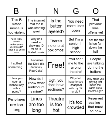 Staff Party Customer Complaint Bingo Card