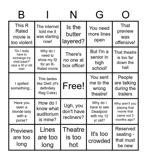 Staff Party Customer Complaint Bingo Card