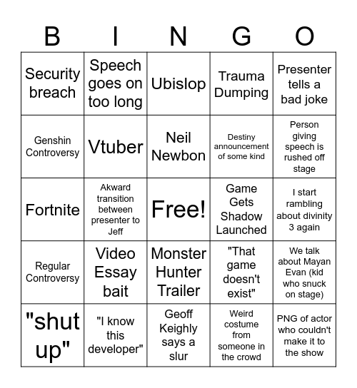 Game Awards 2024 Bingo Card