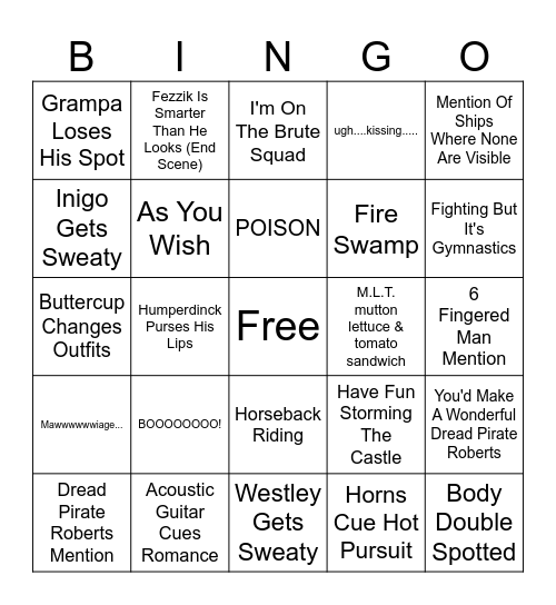 Princess Bride Bingo Card