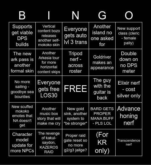 Winter LOAON Bingo Card