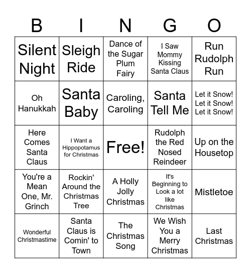 Holiday Song Bingo Card