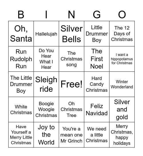 Christmas Music BINGO Card